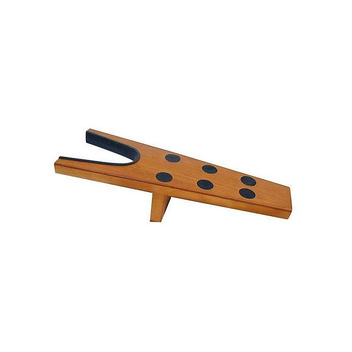 Wooden boot jack lined with rubber for heel prot.